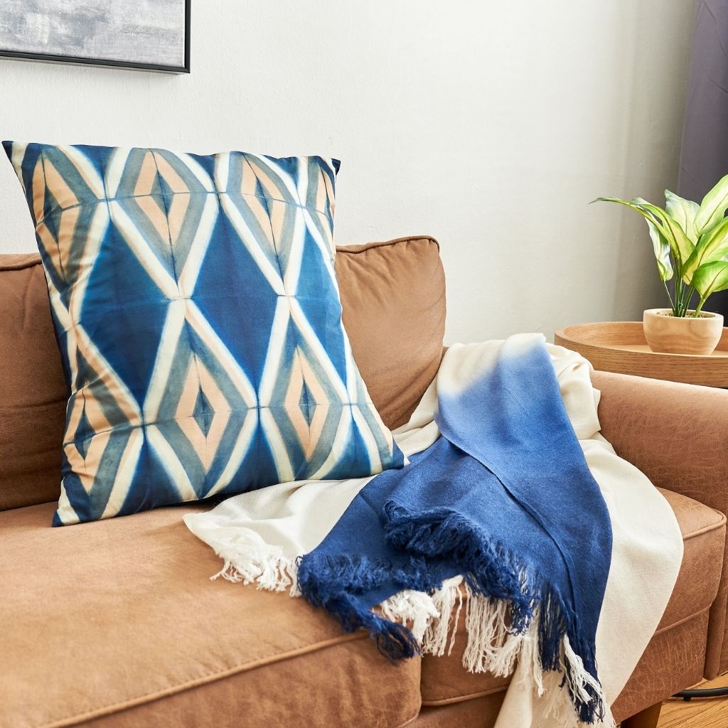 Tisa Indigo Handcrafted Shibori Geometri Print Mulberry  Silk Pillow