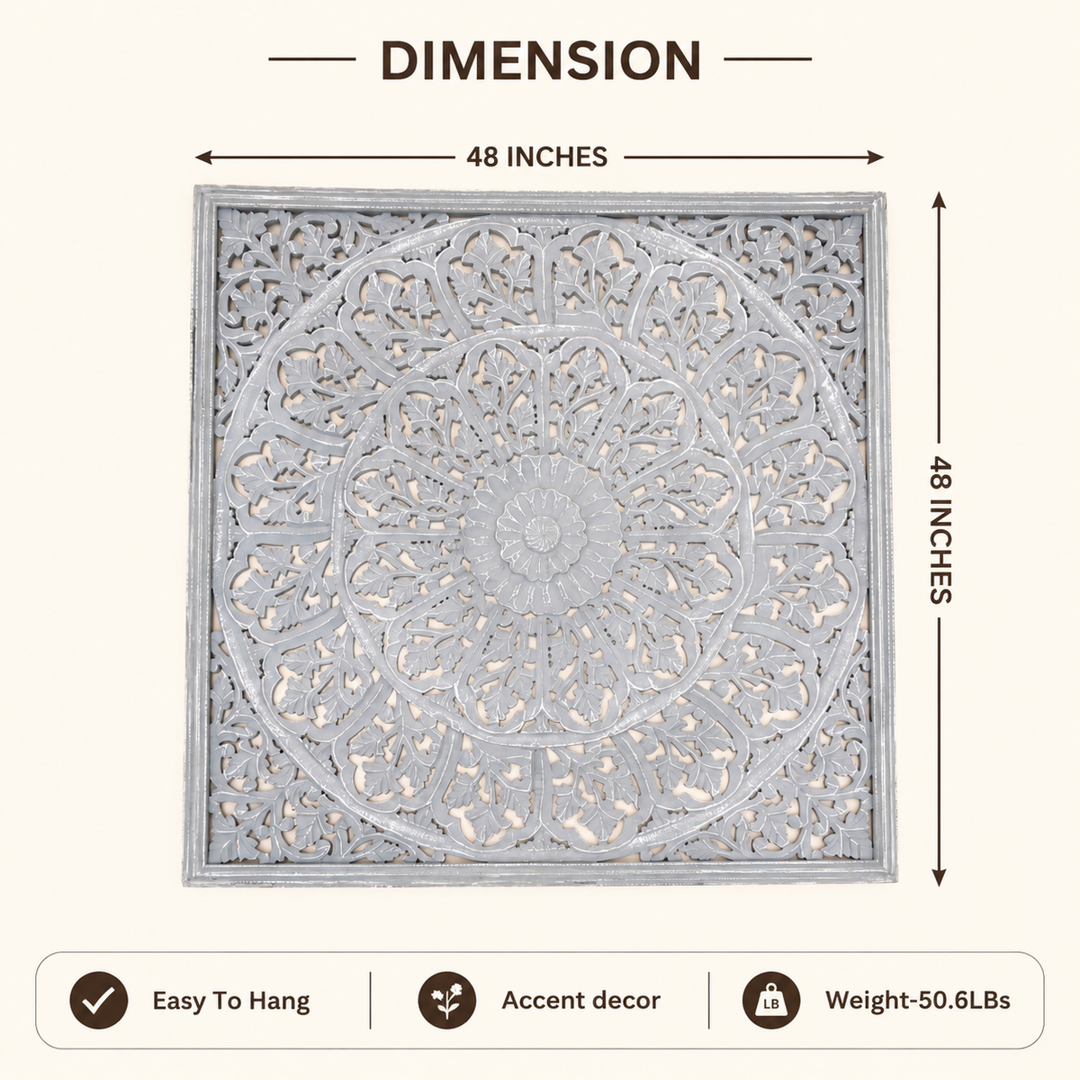 Mandala Wall Decor | Handcarved Wood Wall Art Panel, 48x48"
