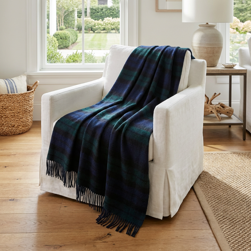 Prince of Scots Double Merino Wool Reversible Throw – Black Watch Tartan – 70×55