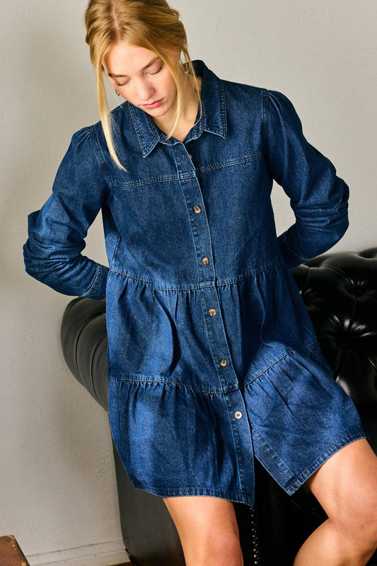 Button Down Babydoll Ruffle Denim Dress