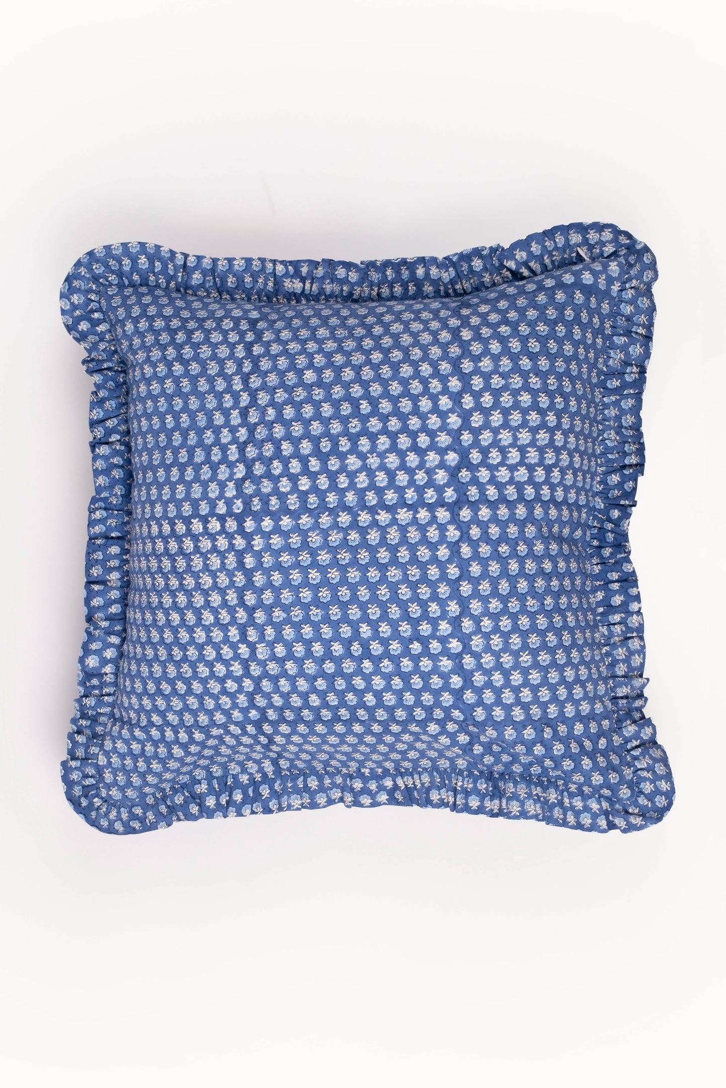 Parijat Blue Ruffle Blockprint Blue Pillow Cover