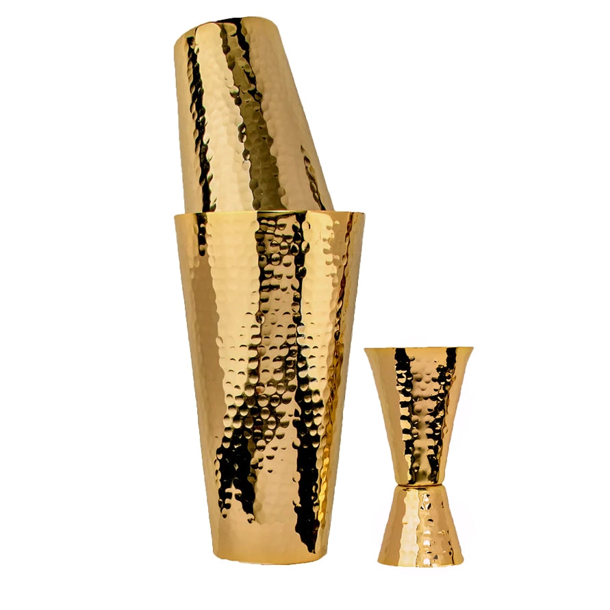 24K Gold Plate Hammered Copper 3 Piece Cocktail Shaker Set