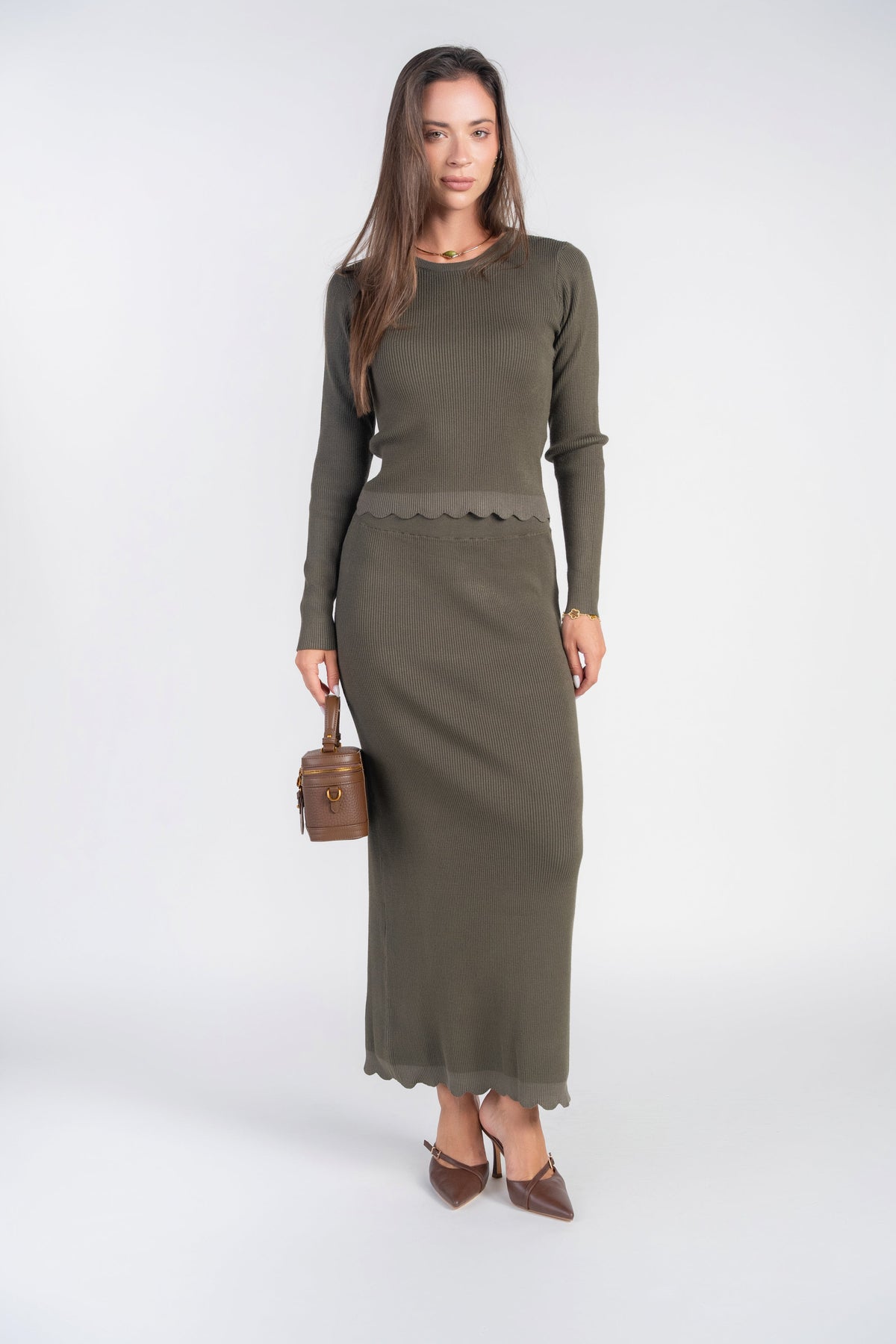 Scalloped Knit Skirt- Olive