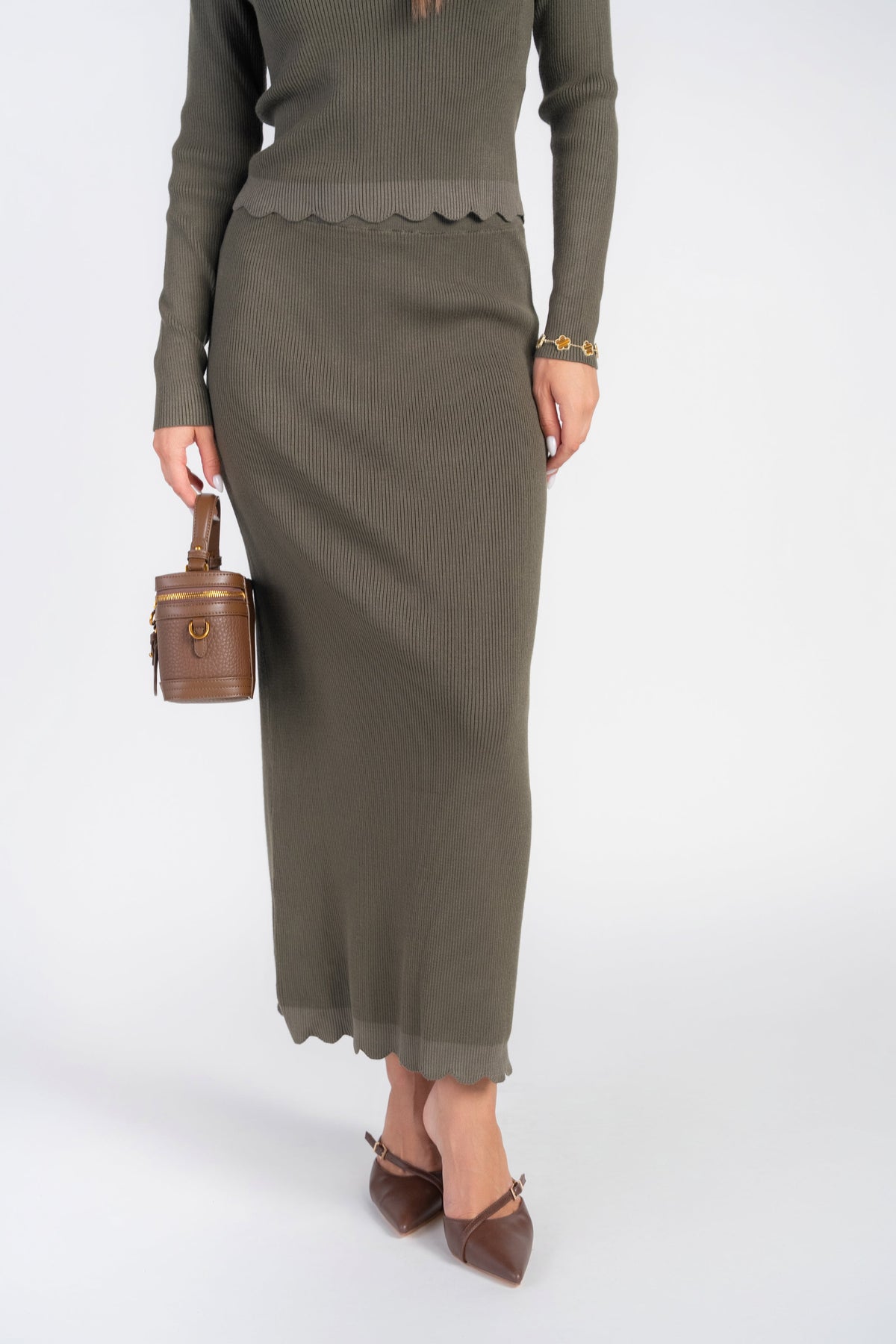 Scalloped Knit Skirt- Olive