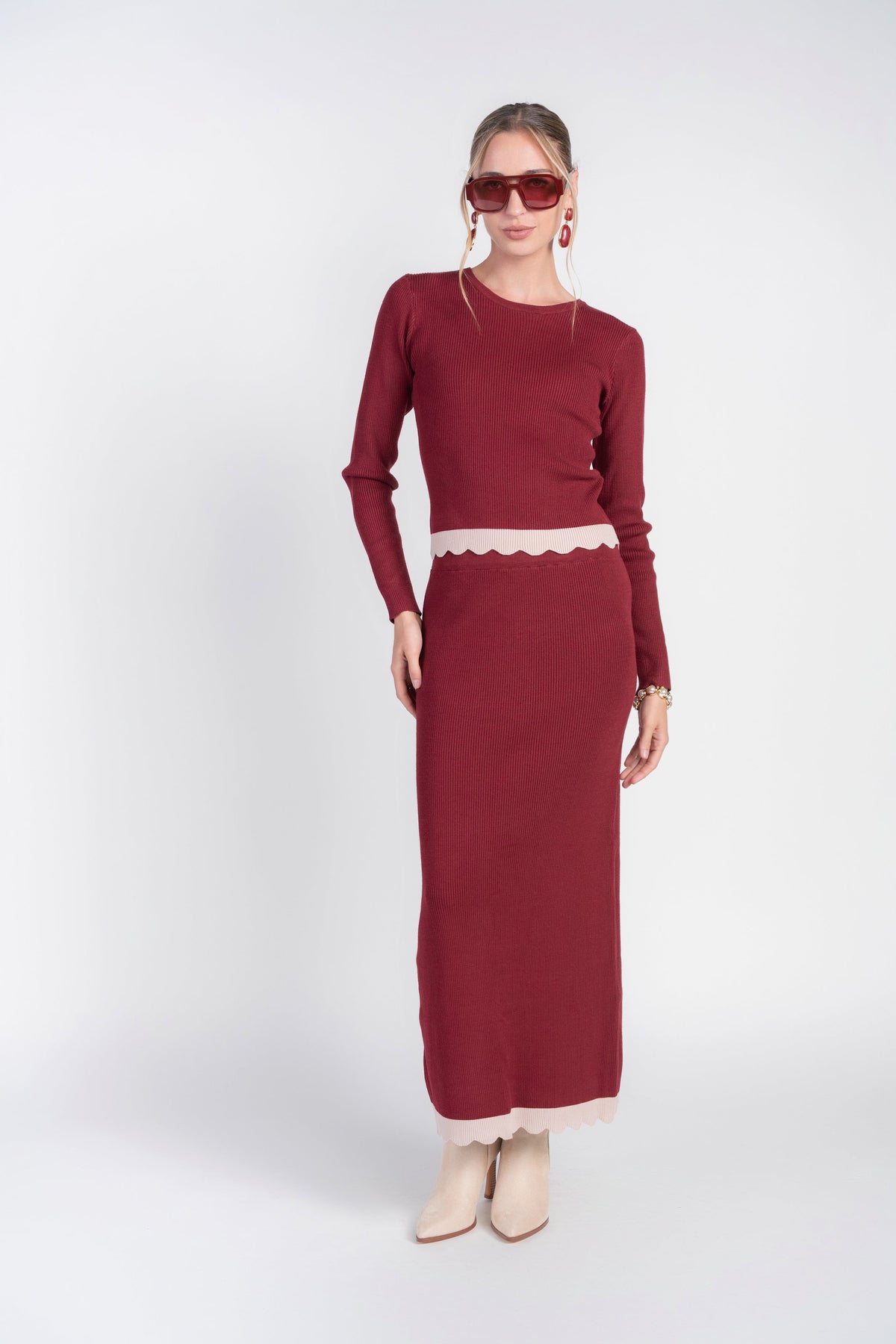 Scalloped Knit Top- Bordeaux