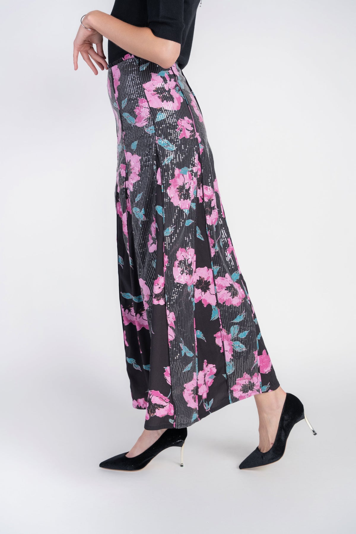 Sequin Panel Skirt Maxi- Pink Blooms on Black