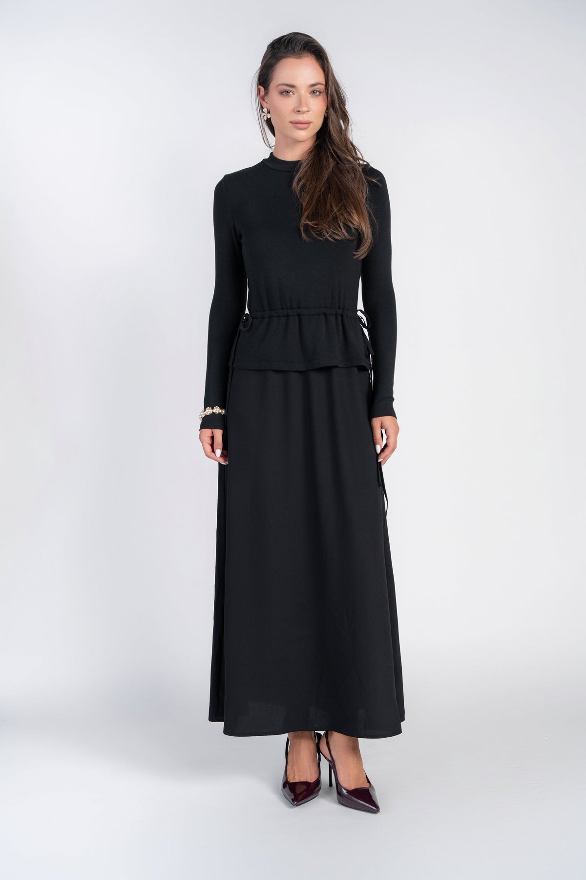 Mix Media Dress with Side Pulls- Black