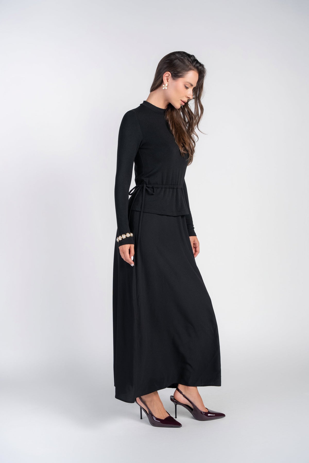 Mix Media Dress with Side Pulls- Black