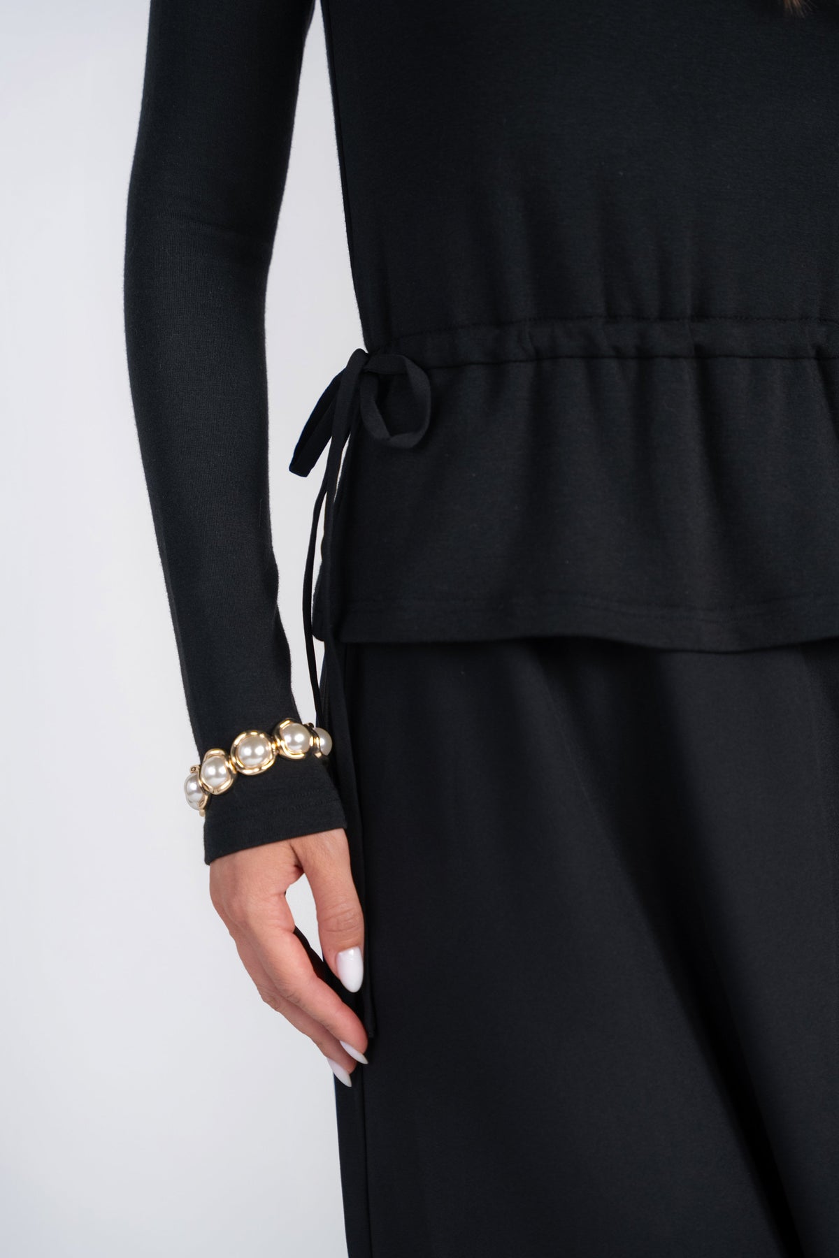 Mix Media Dress with Side Pulls- Black
