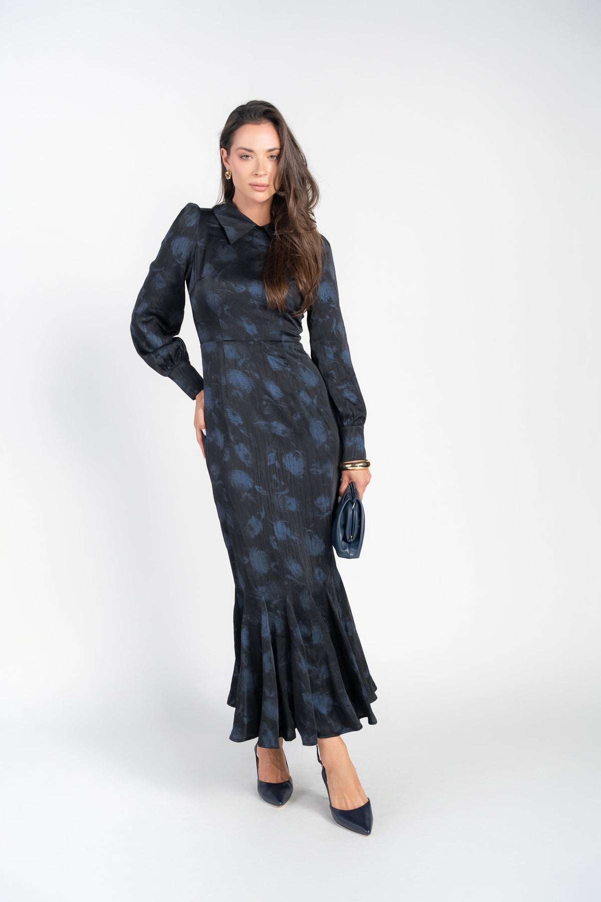 Bianca Dress- Navy Blur Roses on Black