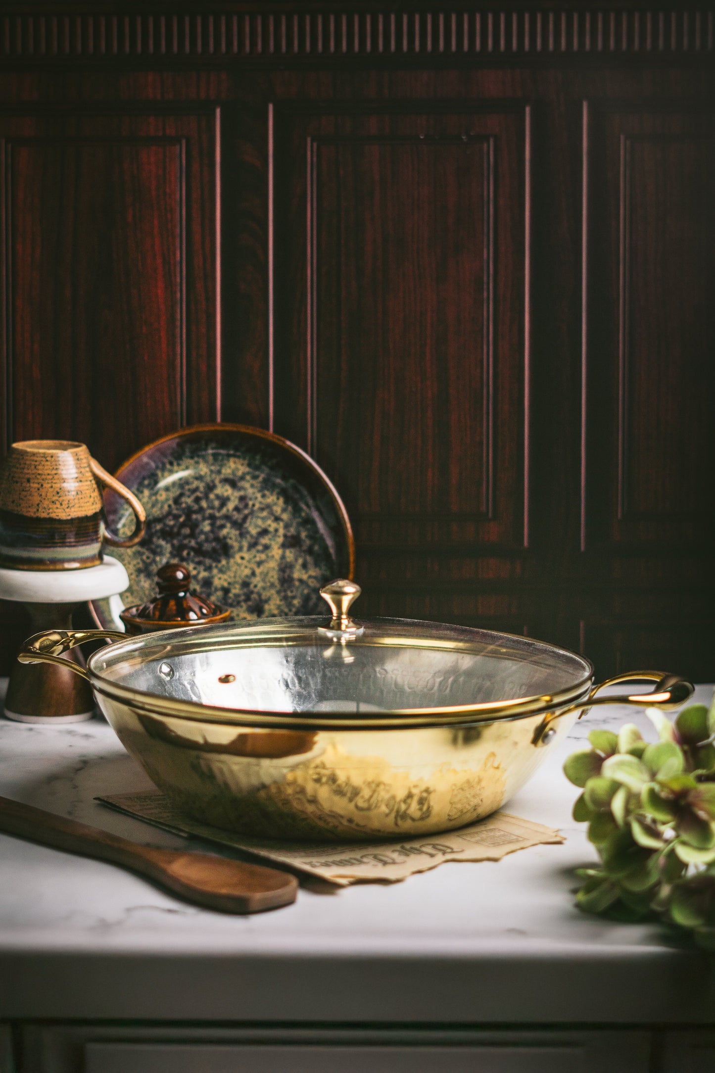 Brass Flat Base Wok with Glass lid - Kadhai (Deep & flat bottom cooking/serving utensil - karahi)