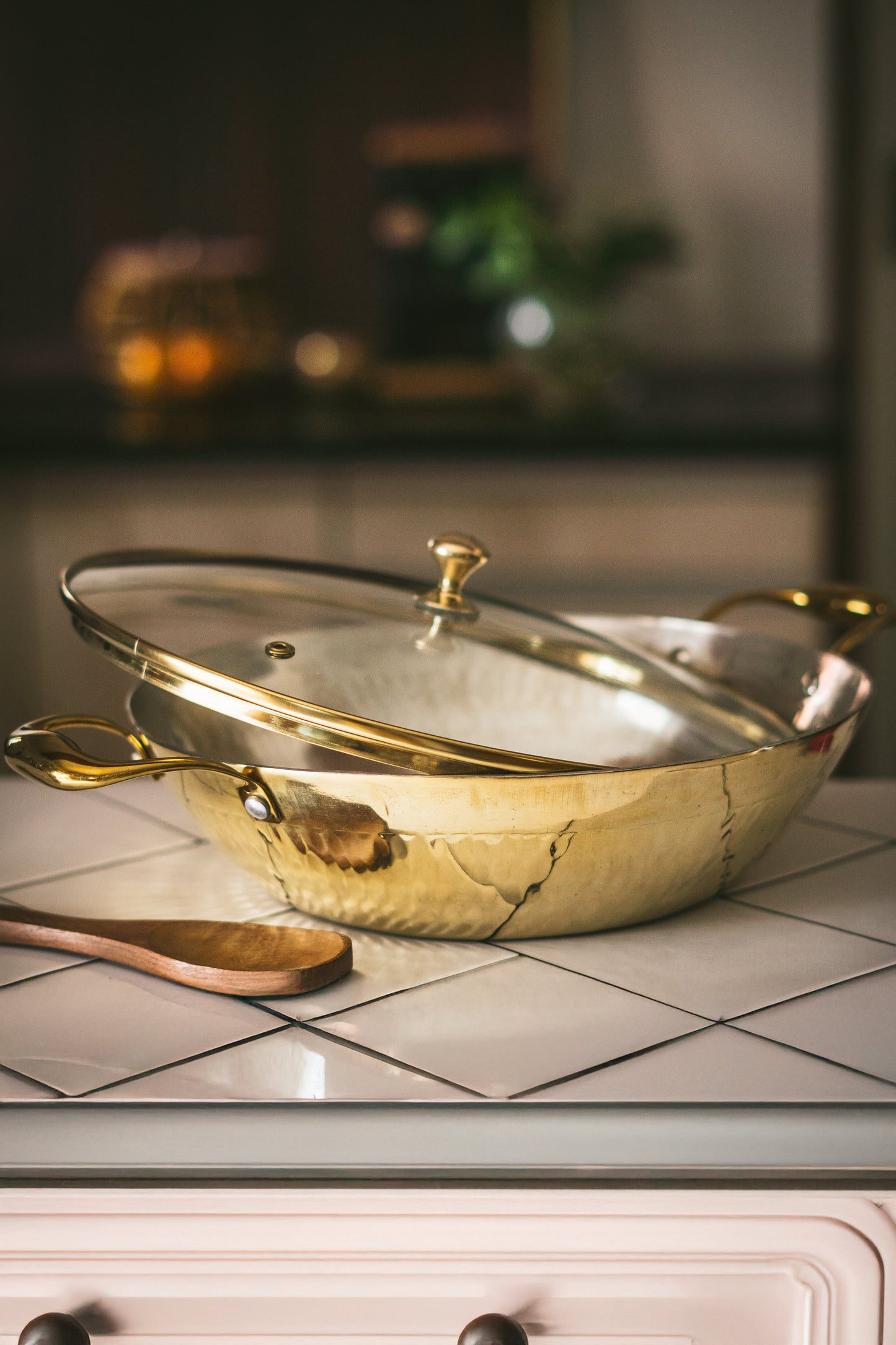 Brass Flat Base Wok with Glass lid - Kadhai (Deep & flat bottom cooking/serving utensil - karahi)