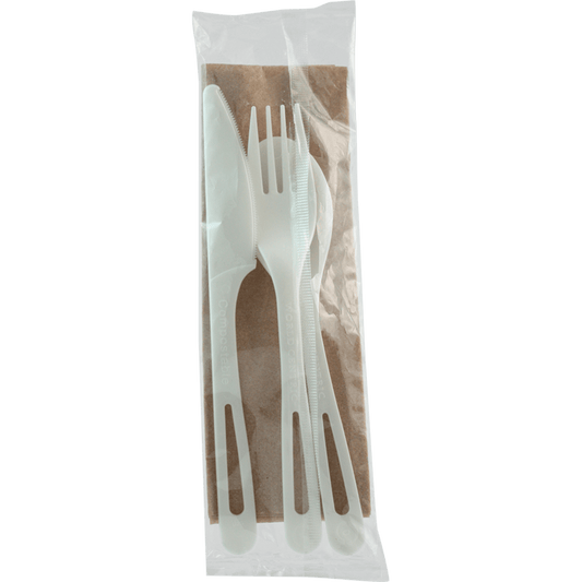 World Centric TPLA Cutlery Kit (Fork, Knife, Spoon, Napkin), 6 in (QTY 250), SKU AS-PS-TN