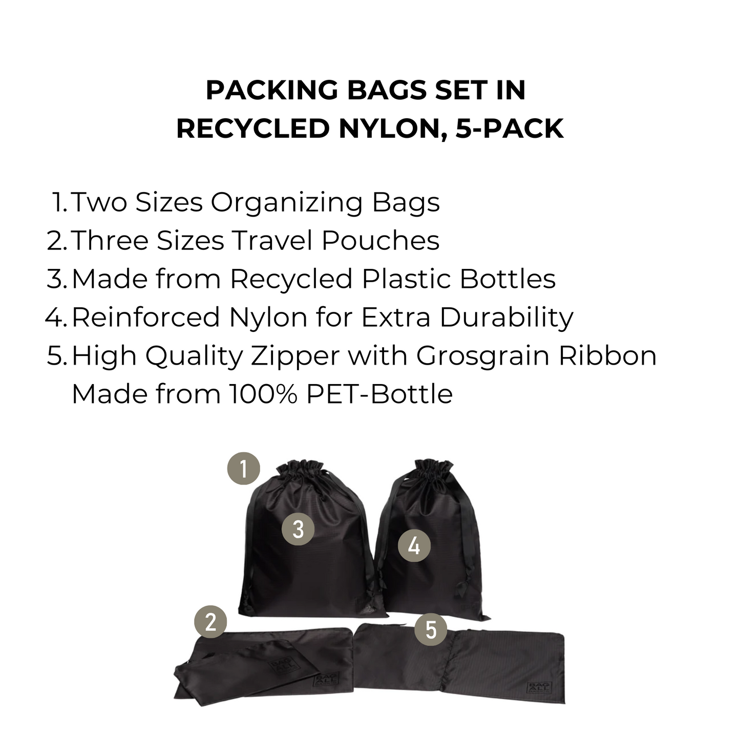 Packing Bags Set in Recycled Nylon, 5-pack, Black - Osadia Concept Store