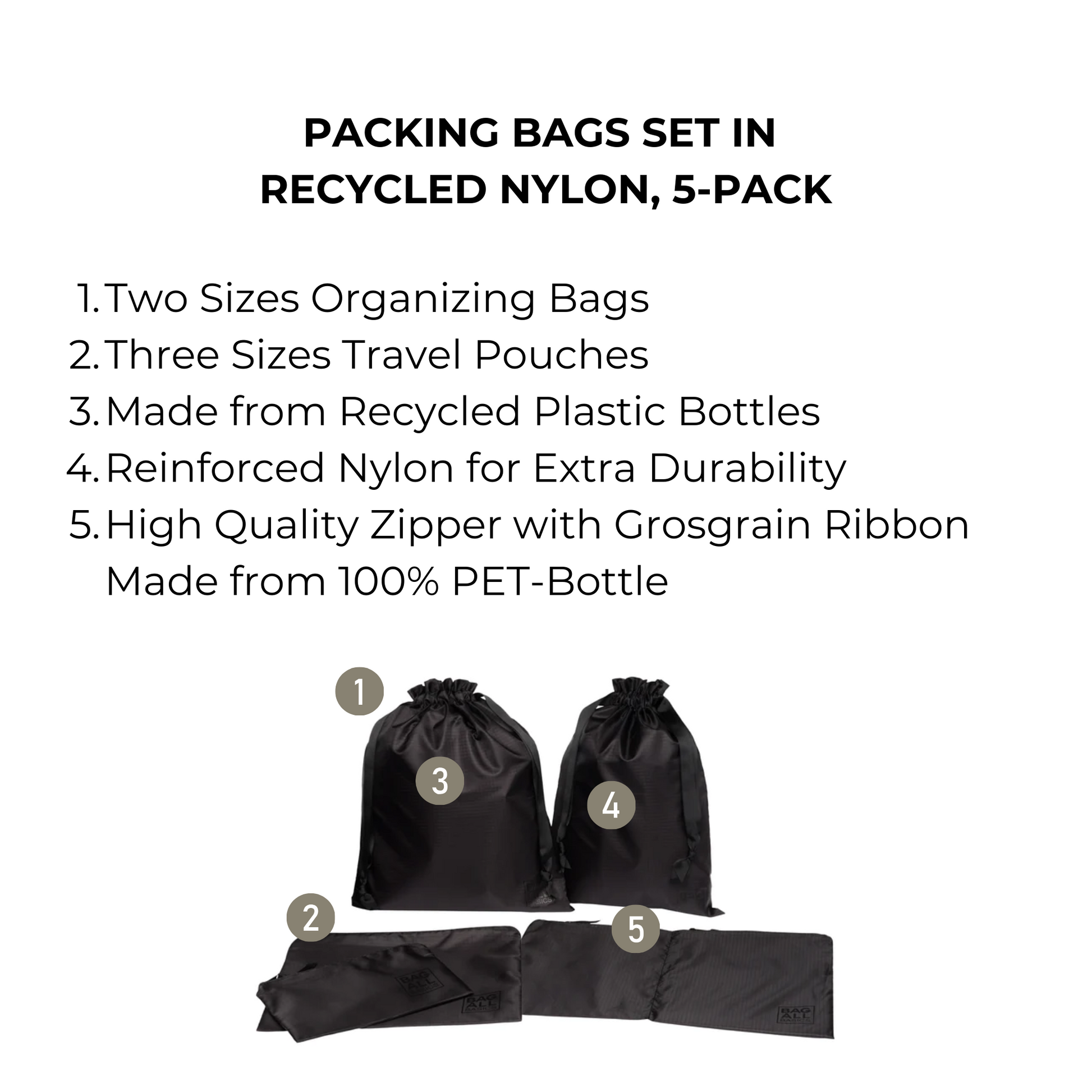 Packing Bags Set in Recycled Nylon, 5-pack, Black - Osadia Concept Store