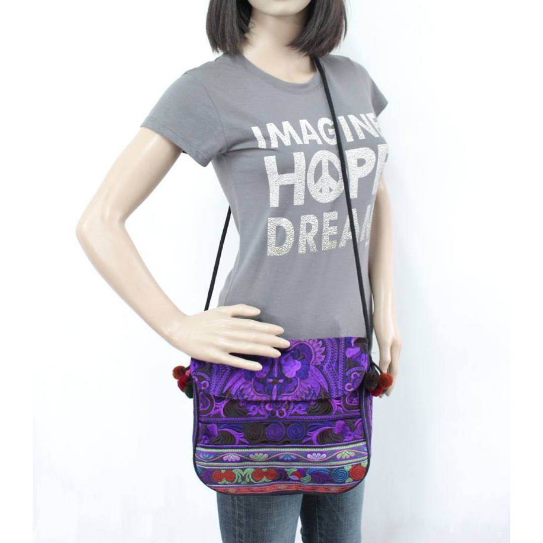 Embroidered Birds Hmong Style Purple Pompom Crossbody Bag - Thailand