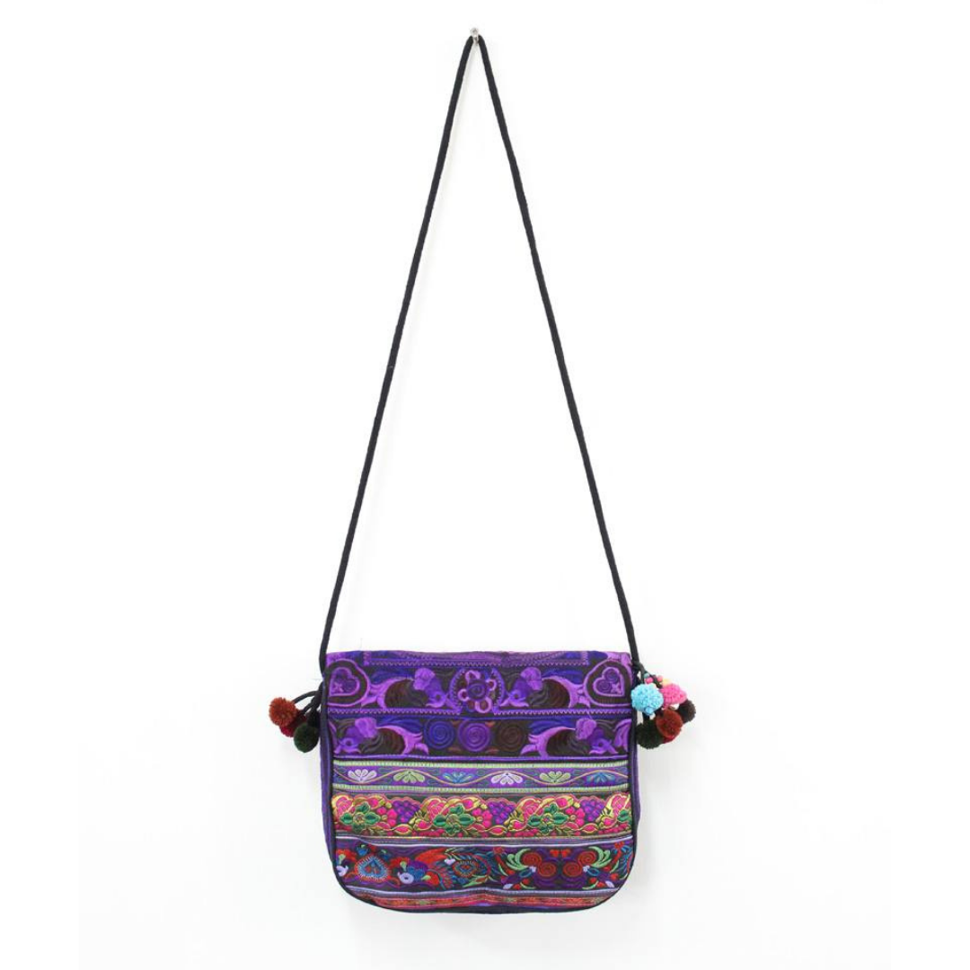 Embroidered Birds Hmong Style Purple Pompom Crossbody Bag - Thailand