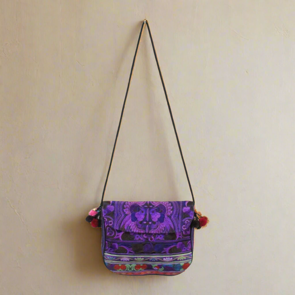 Embroidered Birds Hmong Style Purple Pompom Crossbody Bag - Thailand
