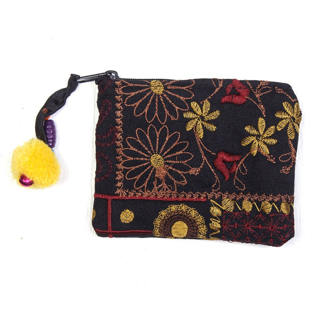 Embroidered Pompom Artisanal Coin Purse - Thailand