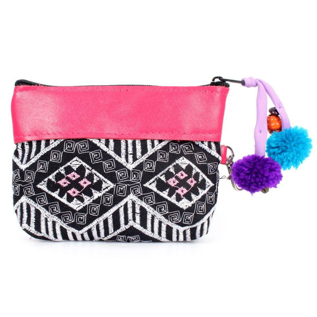 Leather Trim Embroidered Geometric Coin Purse  - Thailand