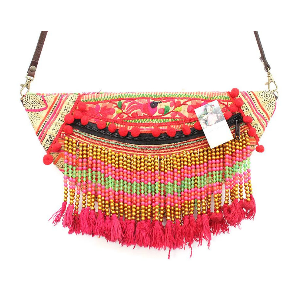 Vintage Hmong Beaded Fringe Cross-Body Purse - Thailand