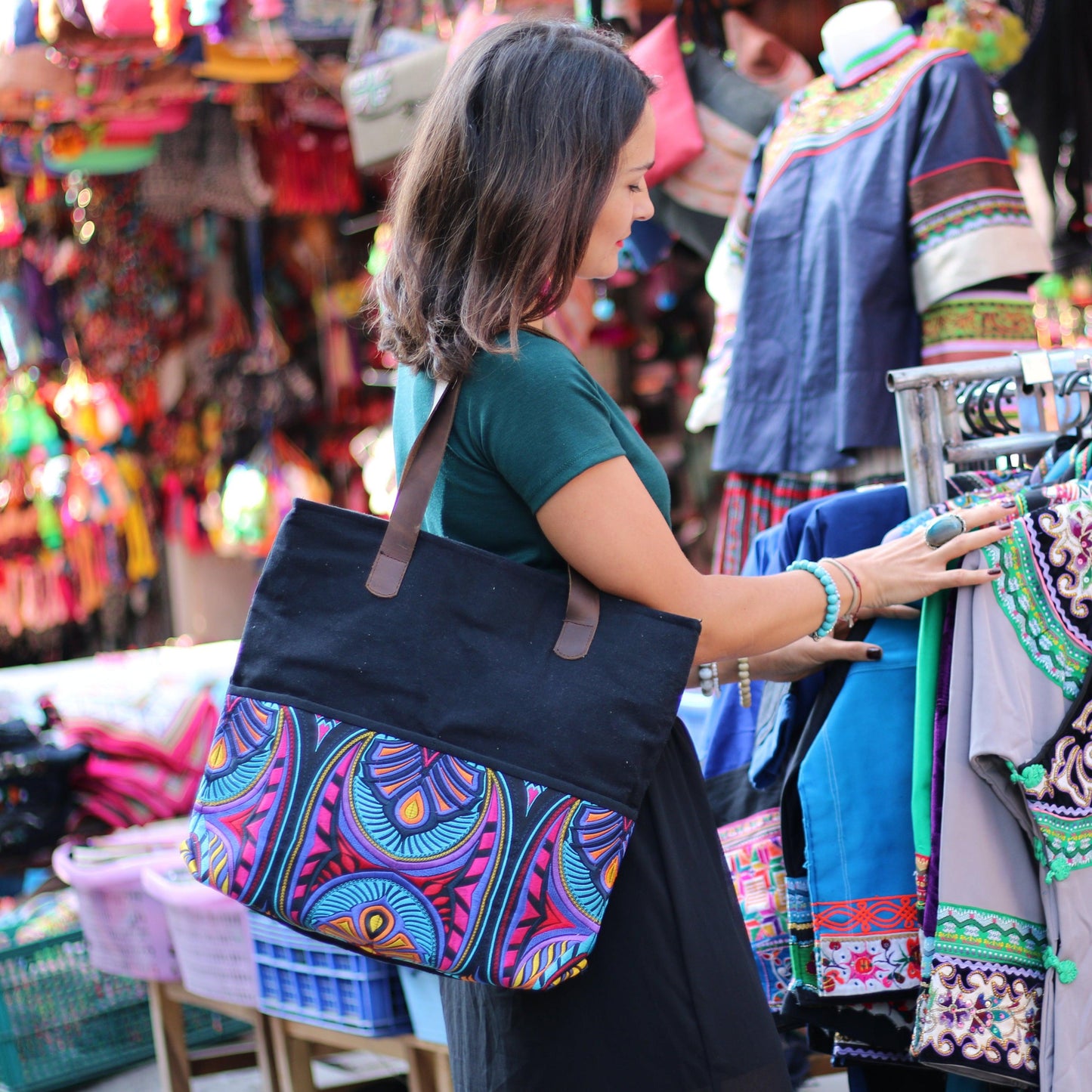 Leather Embroidered Texile Hmong Tote - Thailand