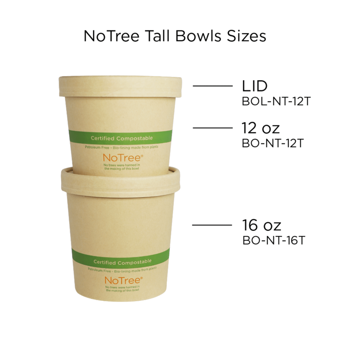 World Centric NoTree Paper Bowl 12oz Tall, Compostable (QTY 500), SKU BO-NT-12T
