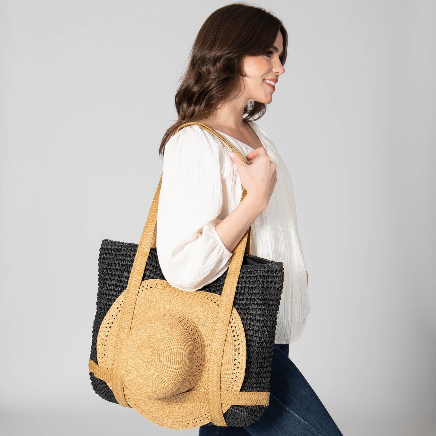 Day Trip - Woven Tote with hat Holder Straps