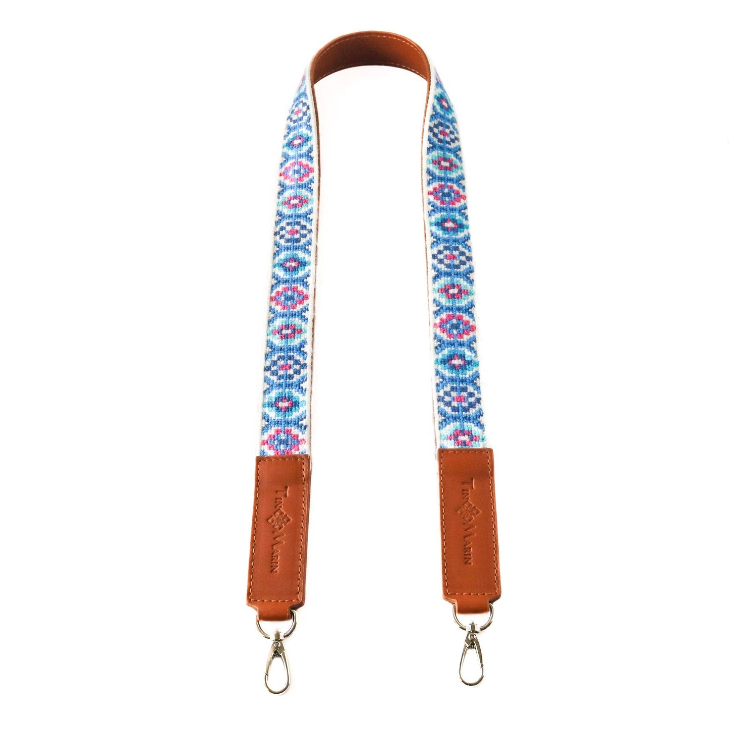 Mai Woven Bag Strap - Blue & Pink with Leather