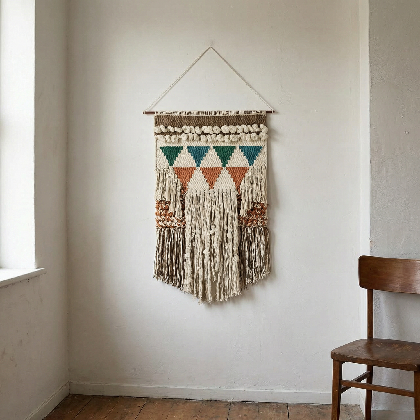 Bohemia Wall Hanging Decor | Boho Geometric Woven Textile with Layered Fringe & Copper Bar | 14" x 24"