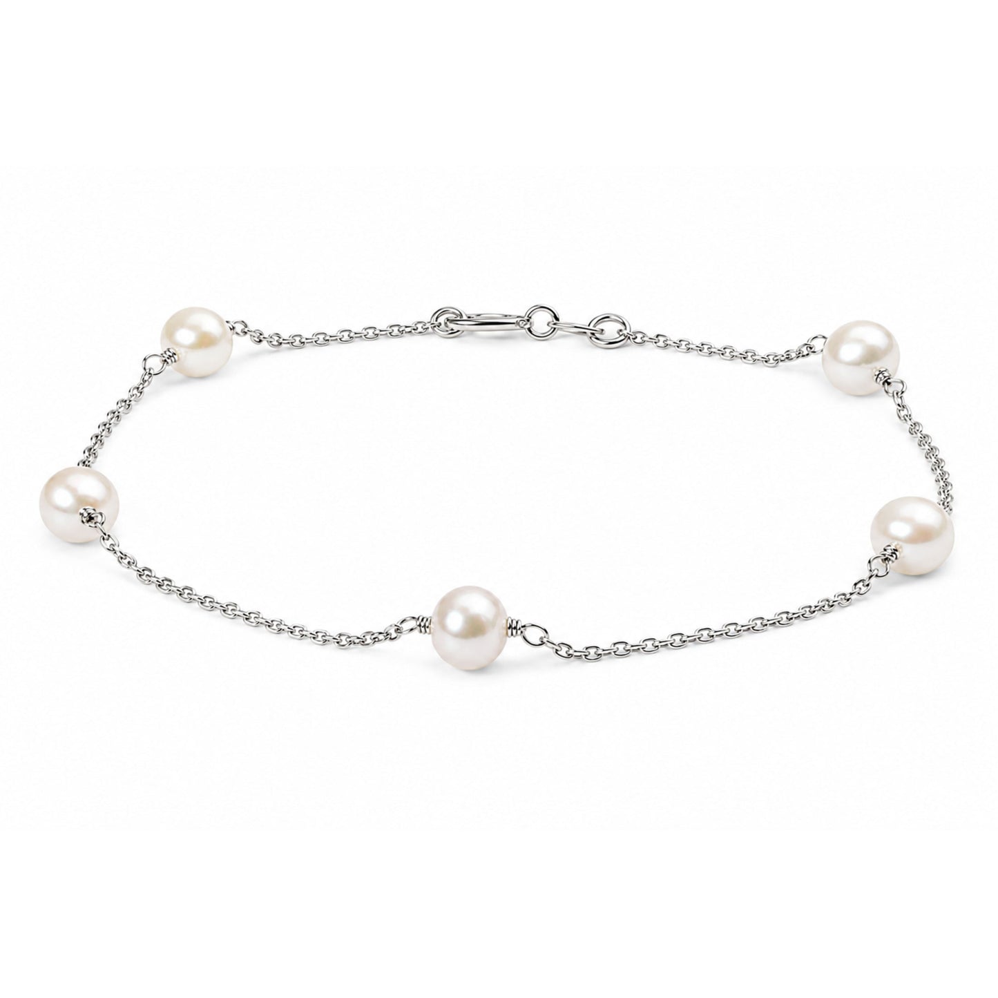 14K White Gold Cultured White Freshwater Pearl Station Bracelet