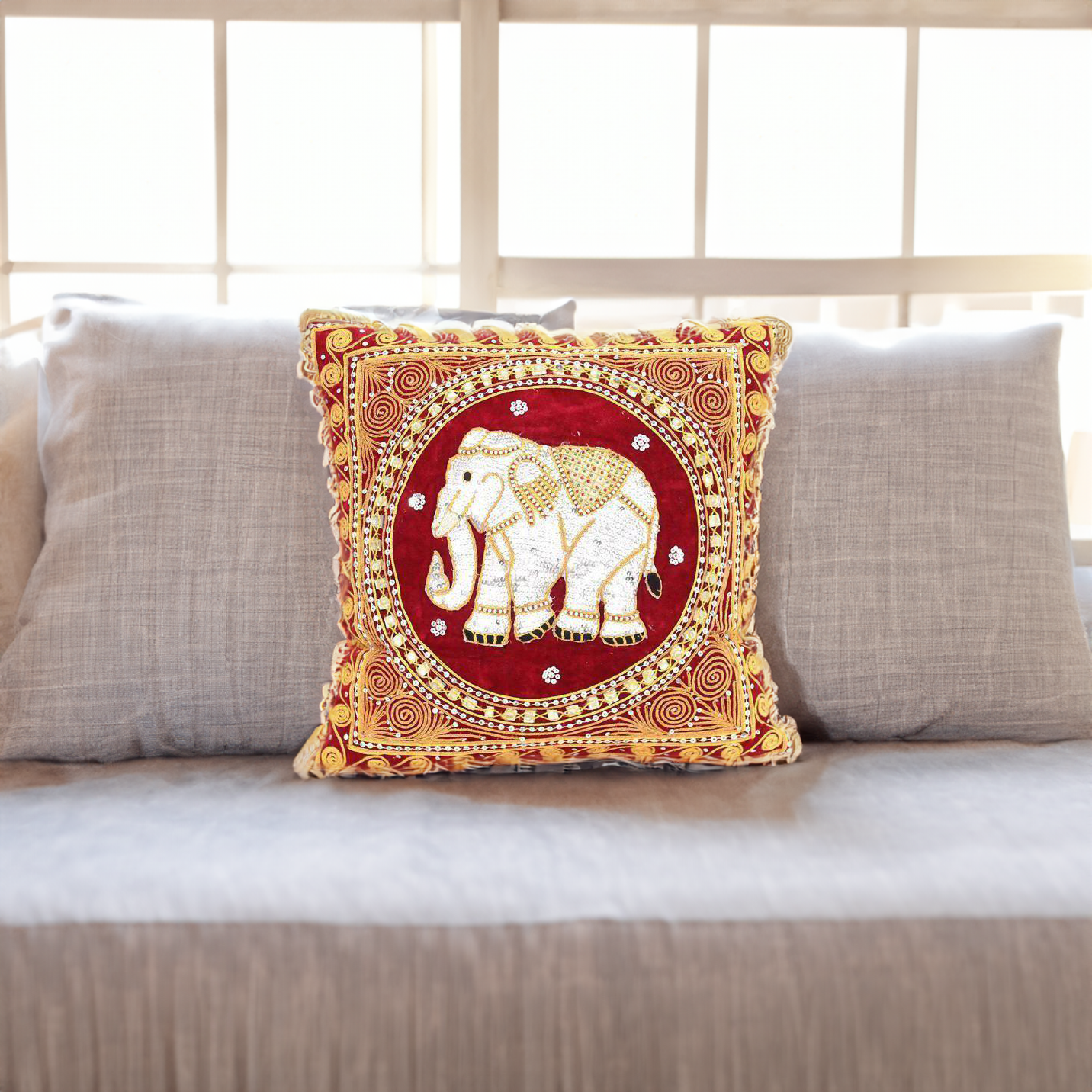 Thai Elephant Embroidered Pillow Cover - Thailand