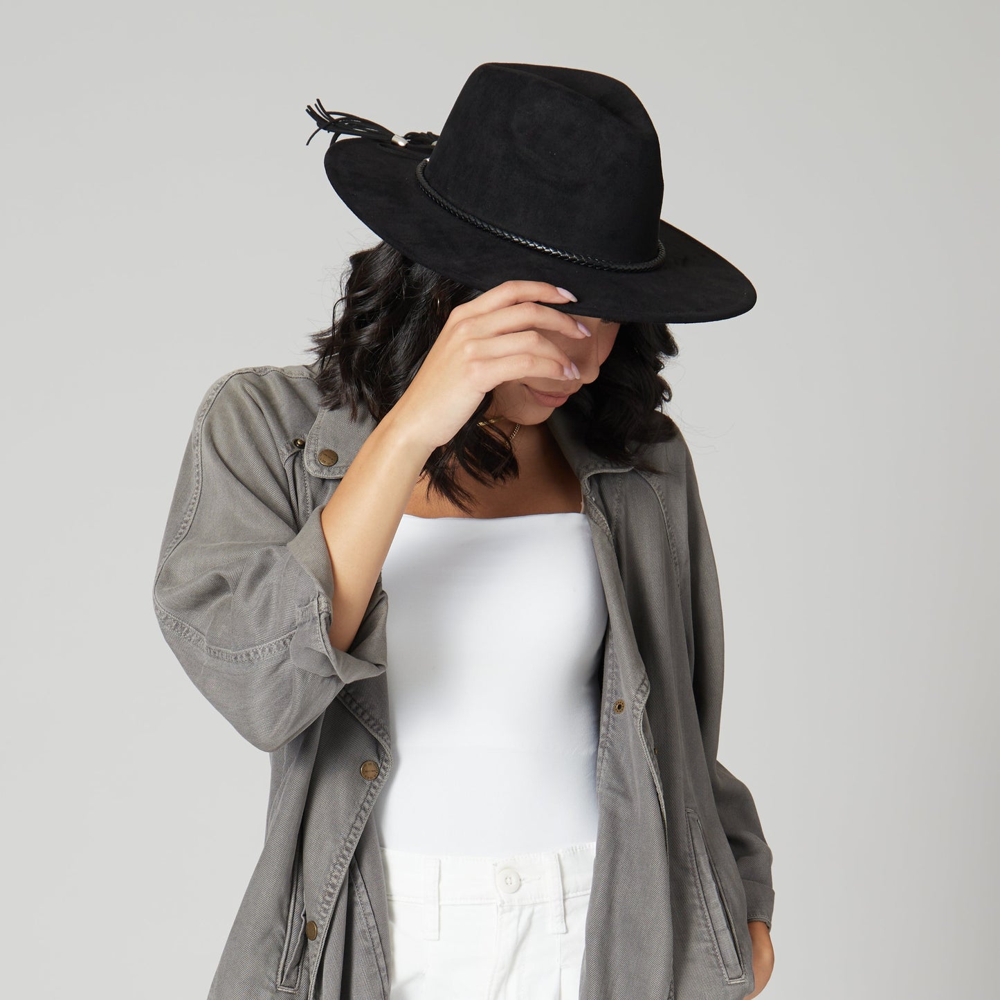 Faux Suede Fedora With Tassel Back Bow