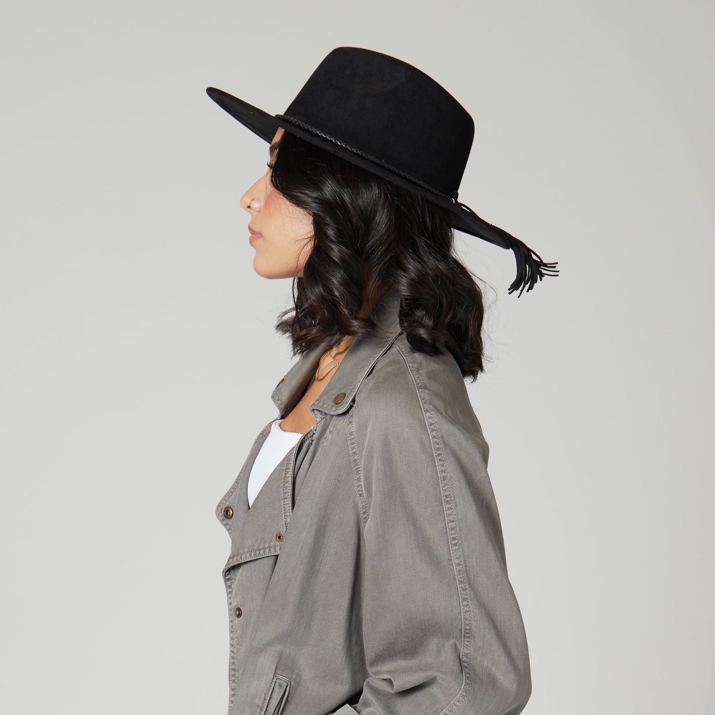 Faux Suede Fedora With Tassel Back Bow
