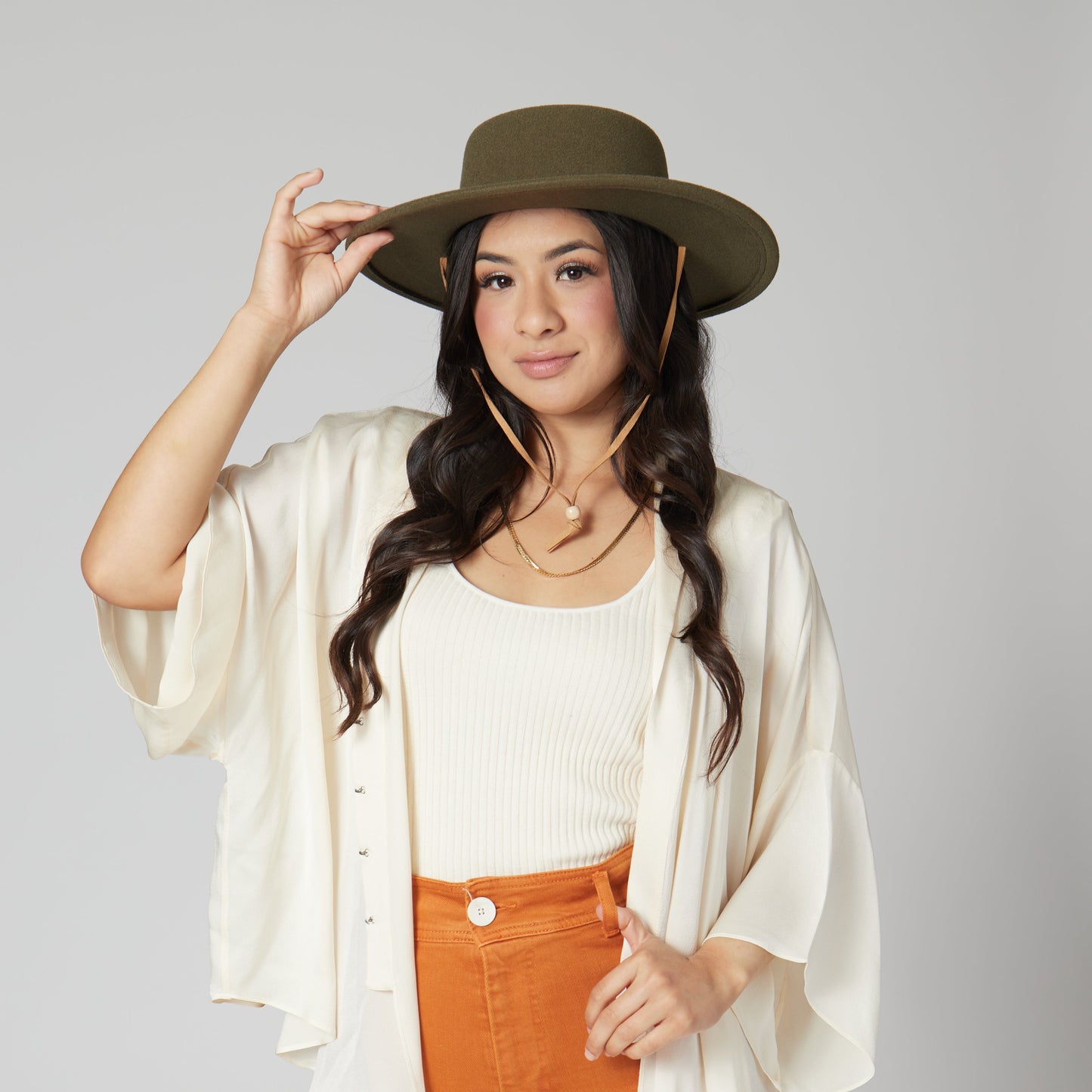 Women's Faux Felt Boater W/ Faux Leather Chin Cord