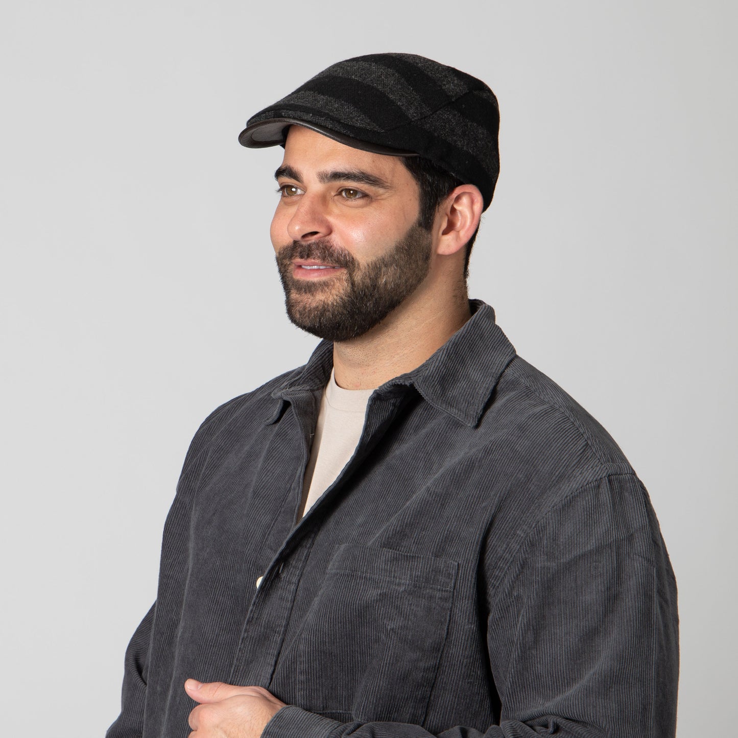 Men's Cut & Sew Striped Wool Driver w/Leather Brim