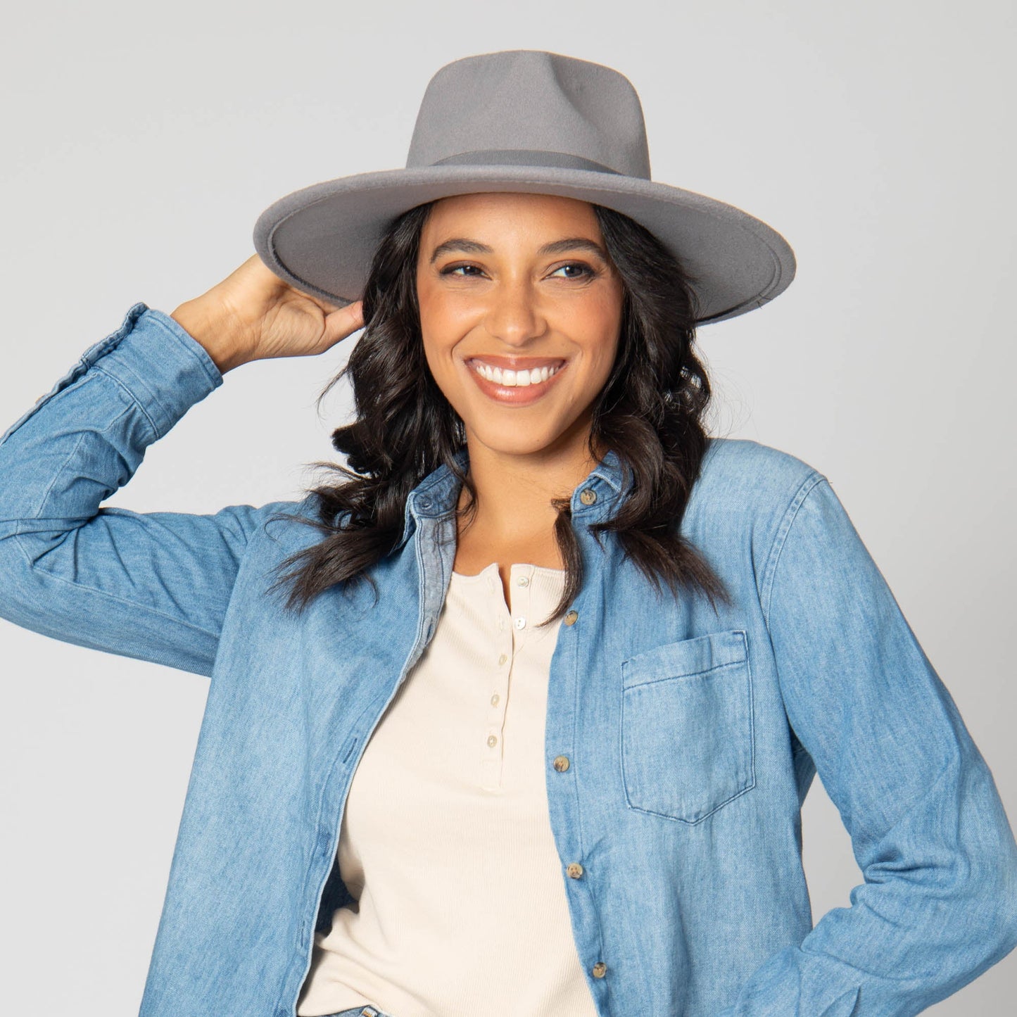 Mia - Faux Felt Fedora with Pinch Crown and Gold Trim Band