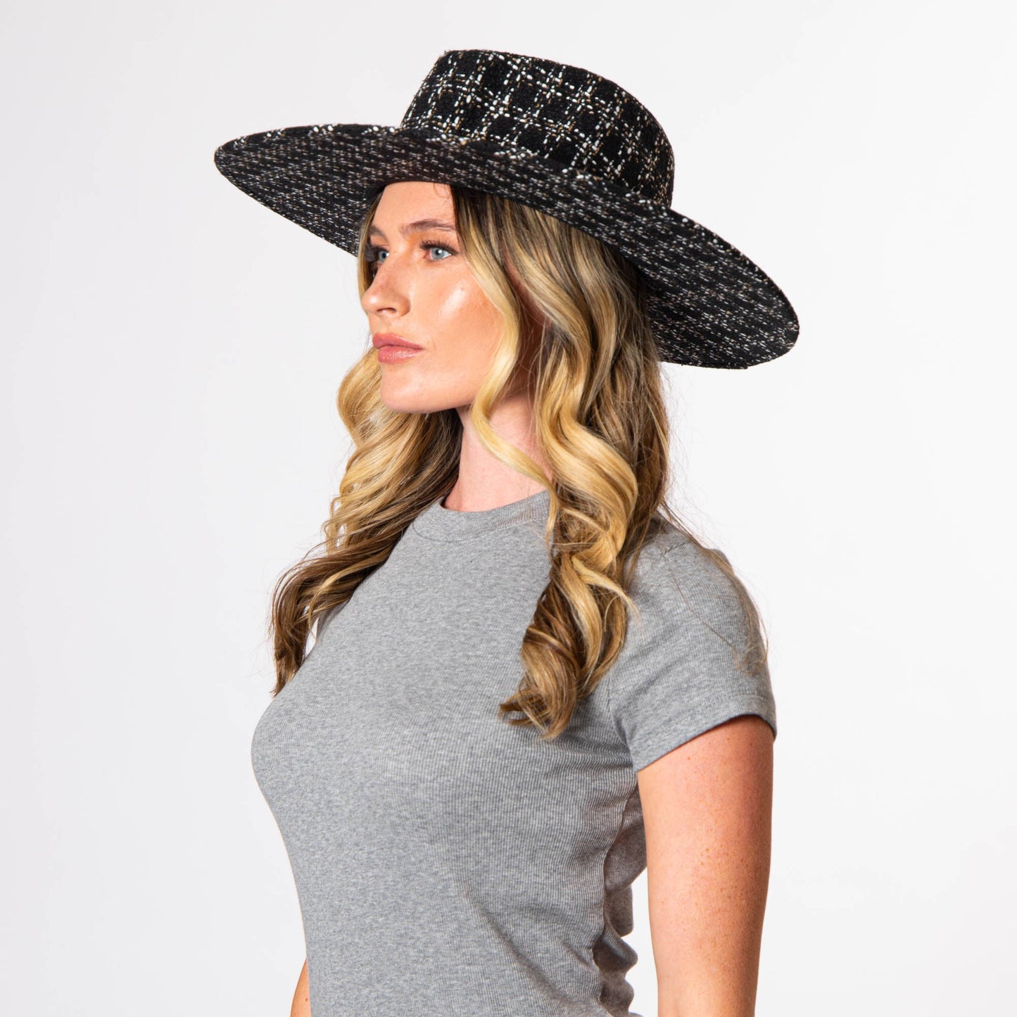 Aria - Wide Brim Fedora with Textured Mixed Tweed Fabric
