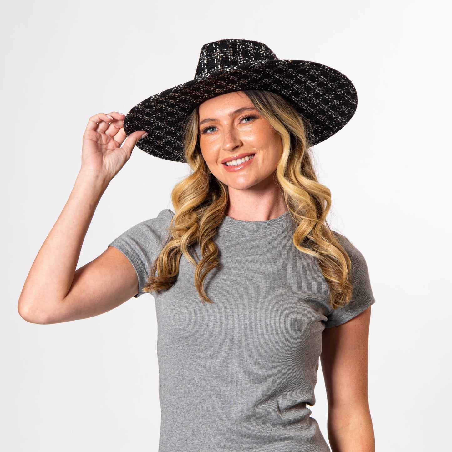 Aria - Wide Brim Fedora with Textured Mixed Tweed Fabric