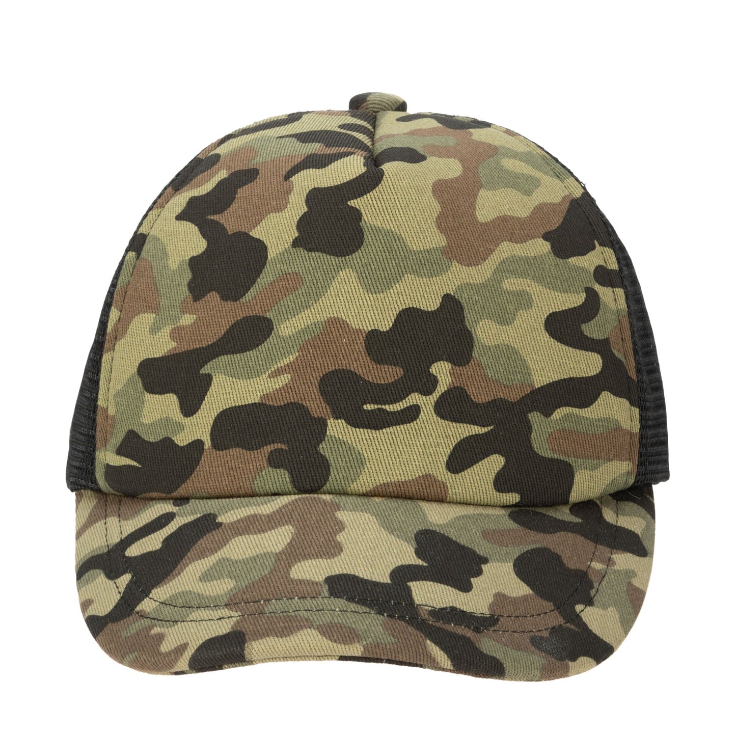 Camo Cut & Sew Trucker Hat with All Over Camo Print and Mesh Backing