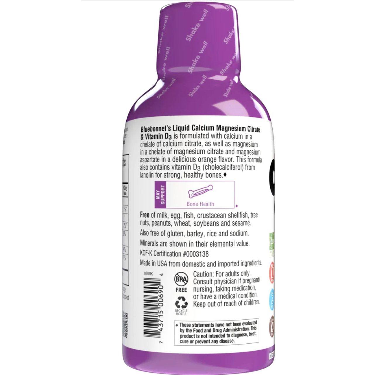 Bluebonnet Liquid Calcium Magnesium Citrate Plus Vitamin D3, Orange, 16 oz