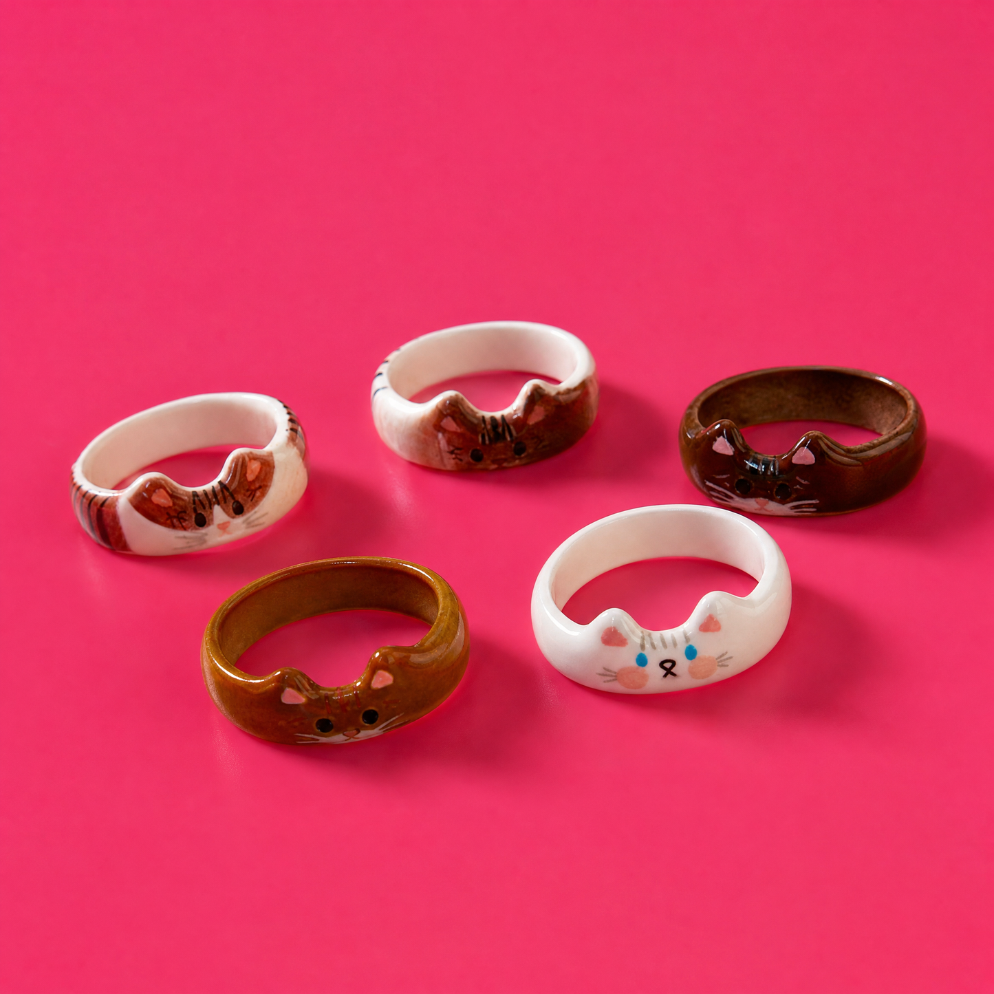 Cat Rings Set of 5 | Sculpted Peeking Cat Face Rings | Brown, White, Black & Calico | Size 7
