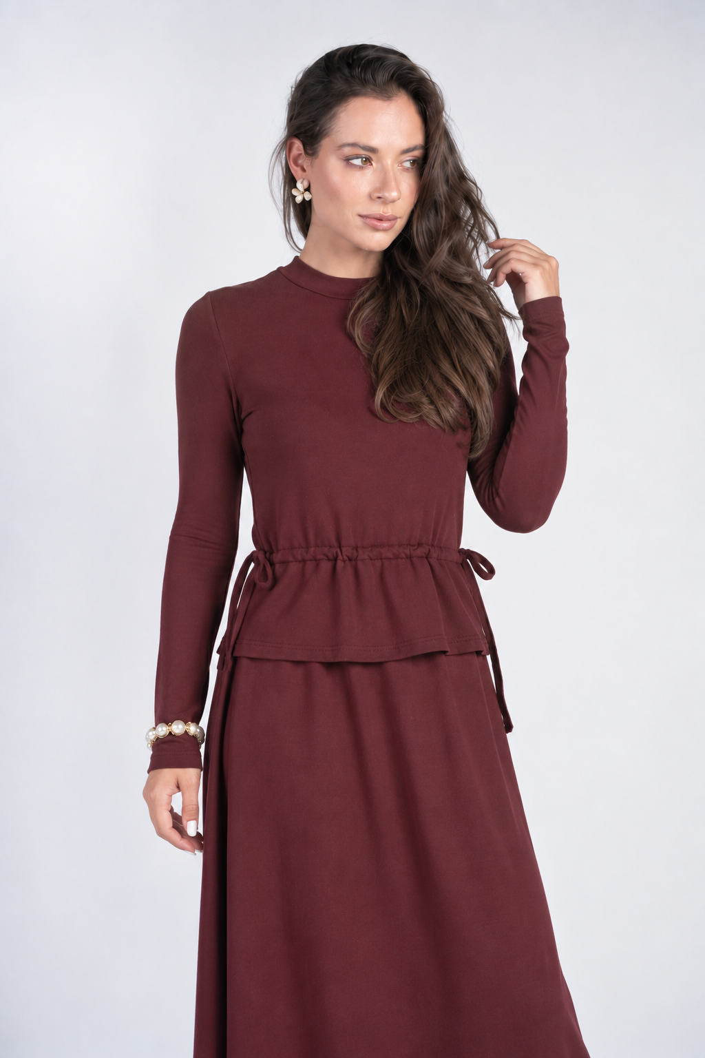 Mix Media Dress with Side Pulls- Burgundy