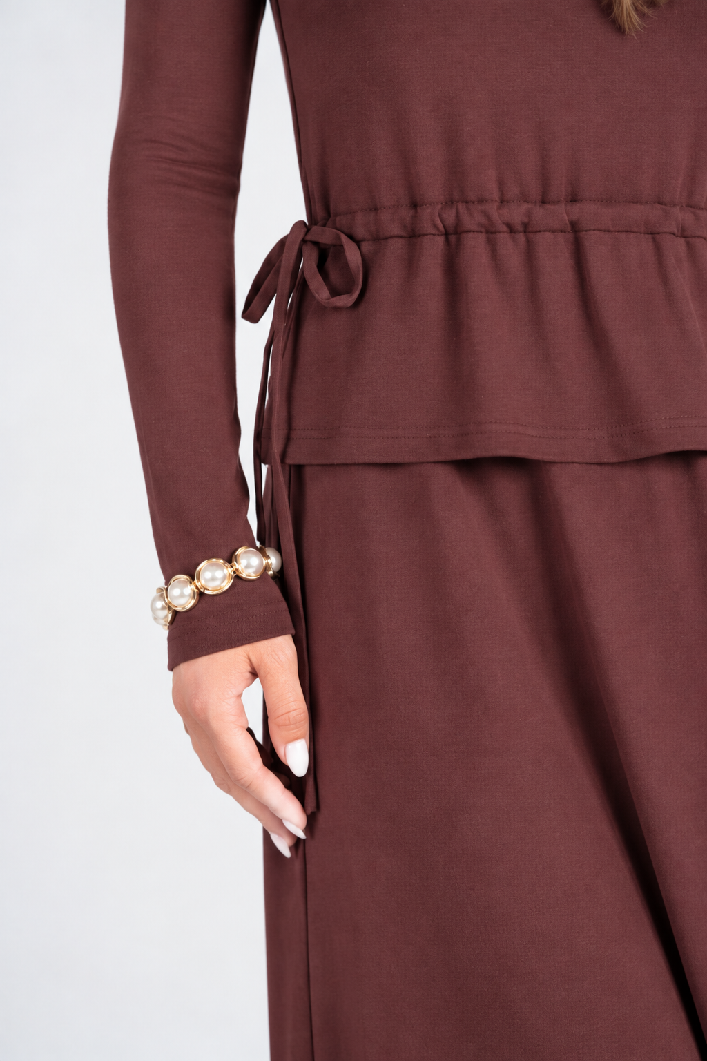 Mix Media Dress with Side Pulls- Burgundy
