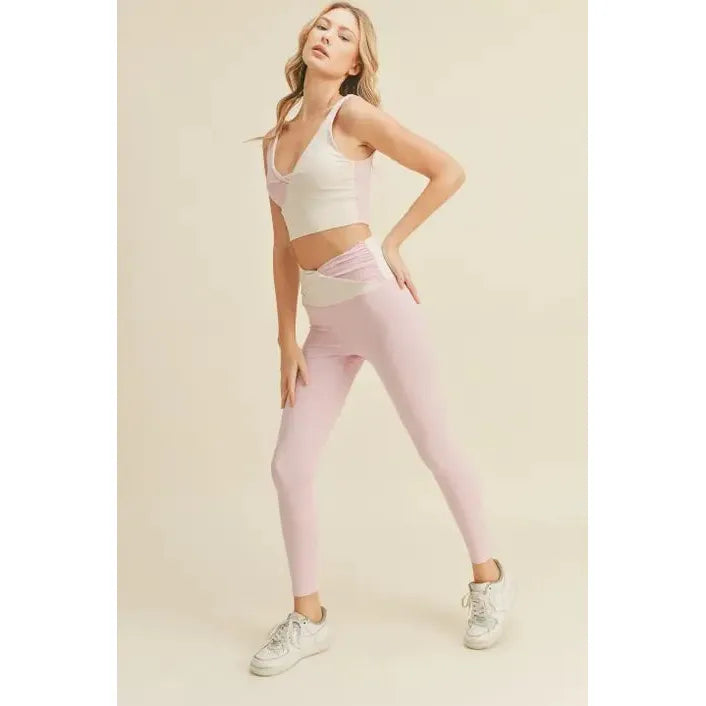 Color Block Front-Twist Top & Leggings Set in Black or Pink [Sizes S-L]