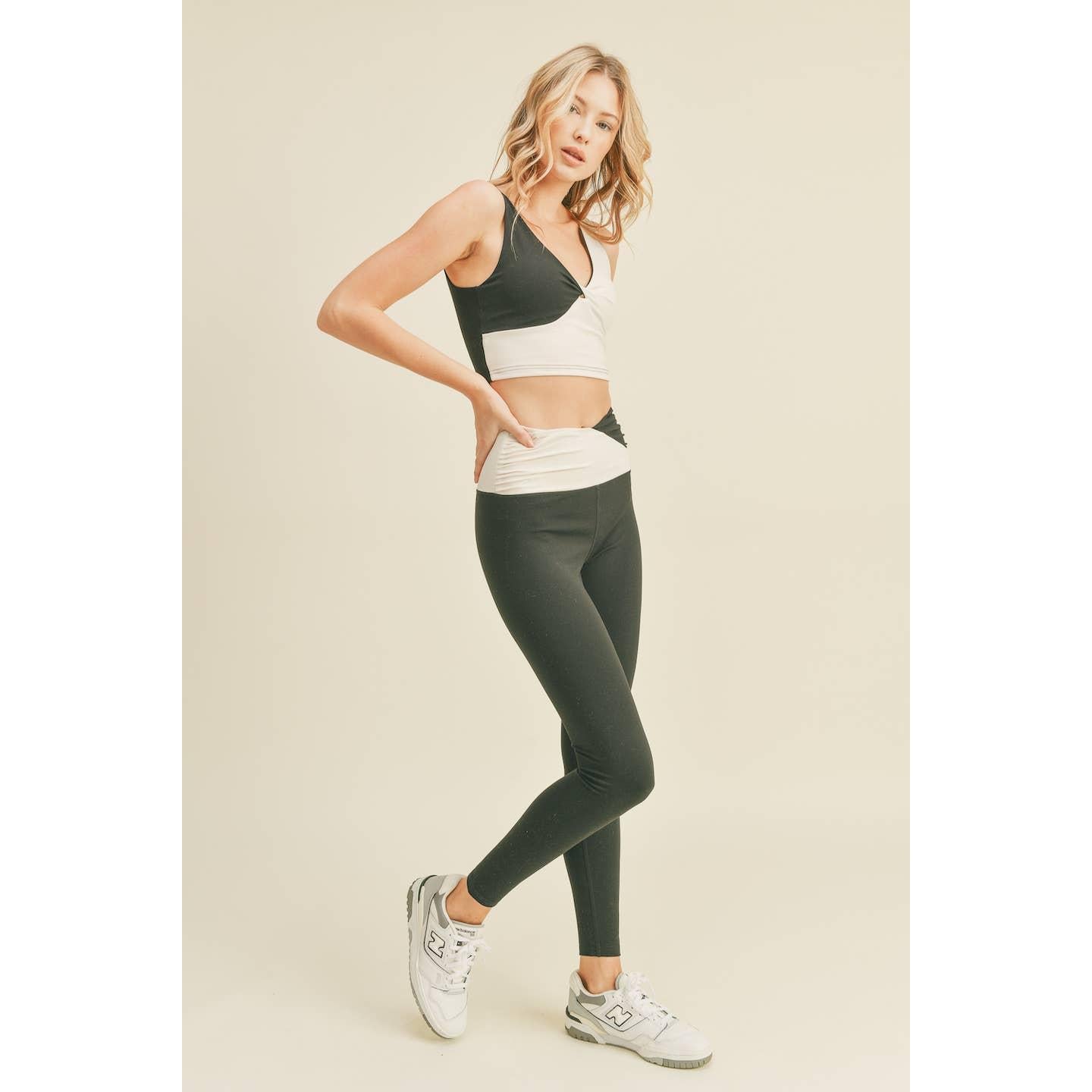 Color Block Front-Twist Top & Leggings Set in Black or Pink [Sizes S-L]