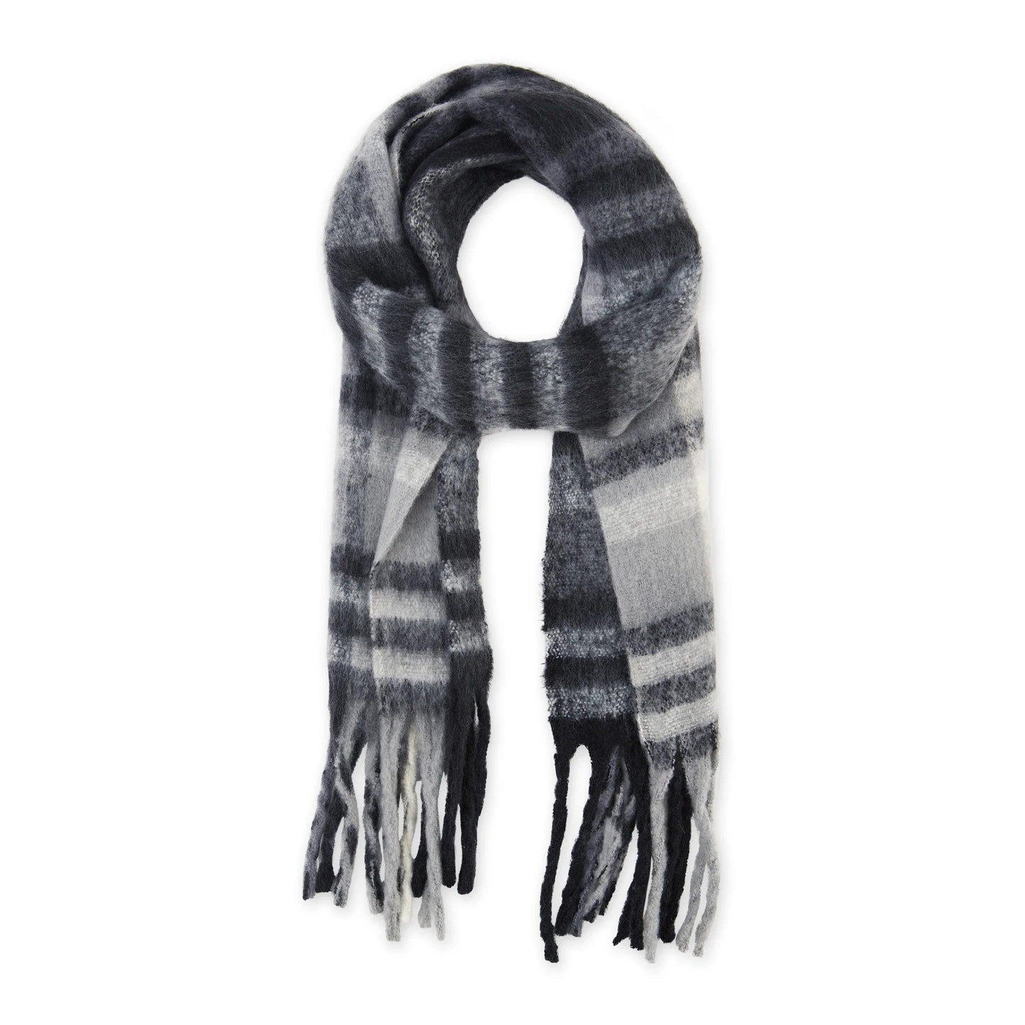 Cozy Plaid Fringe Gray Scarf | Mens / Unisex Winter Classic Plaid Pattern Scarf | 86" x 15"