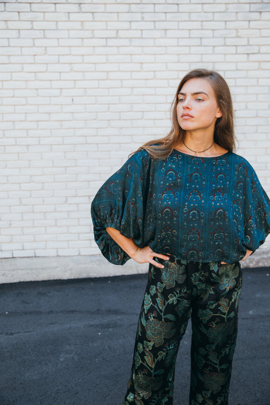 Block-Print Modal & Silk Crinkle Crop Blouse