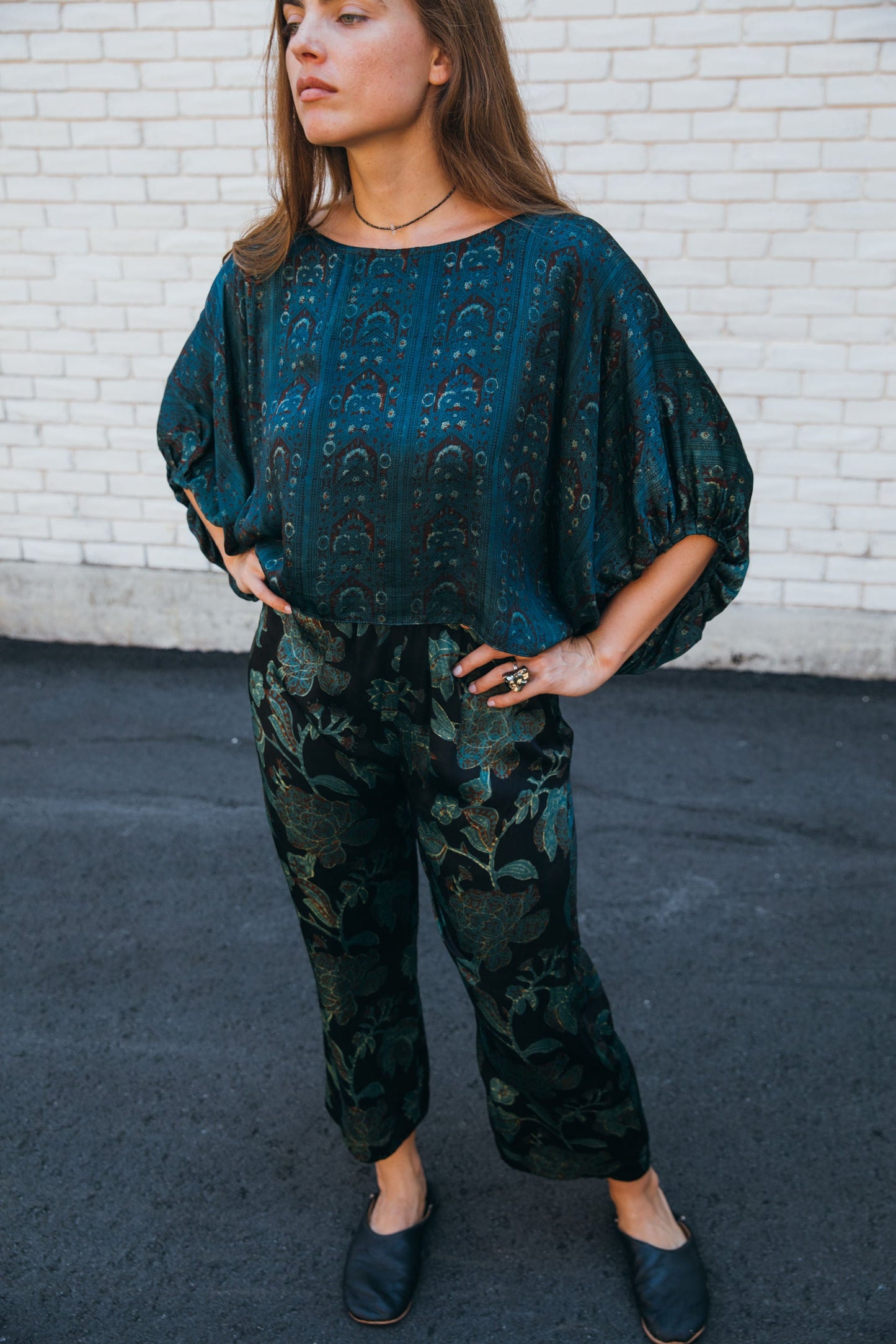 Block-Print Modal & Silk Crinkle Crop Blouse