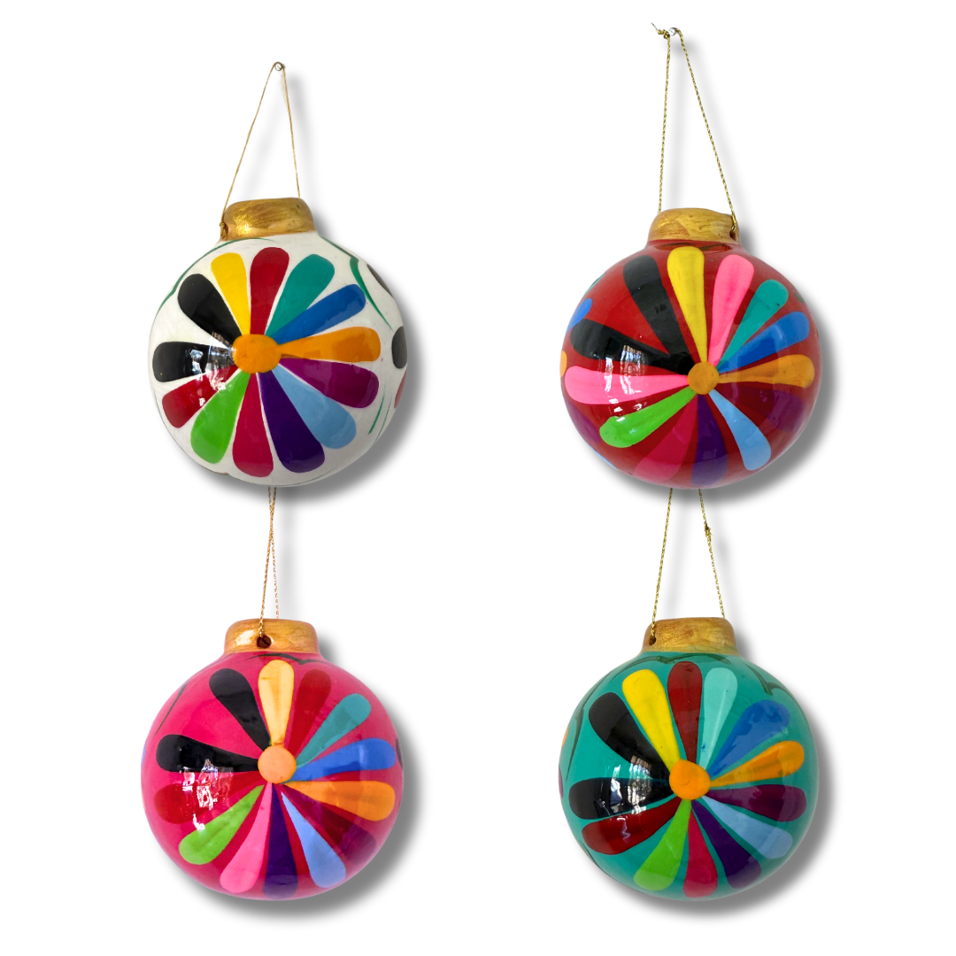 Hand-Painted Ceramic Colorful Sphere Boho Flower Ornament - Mexico